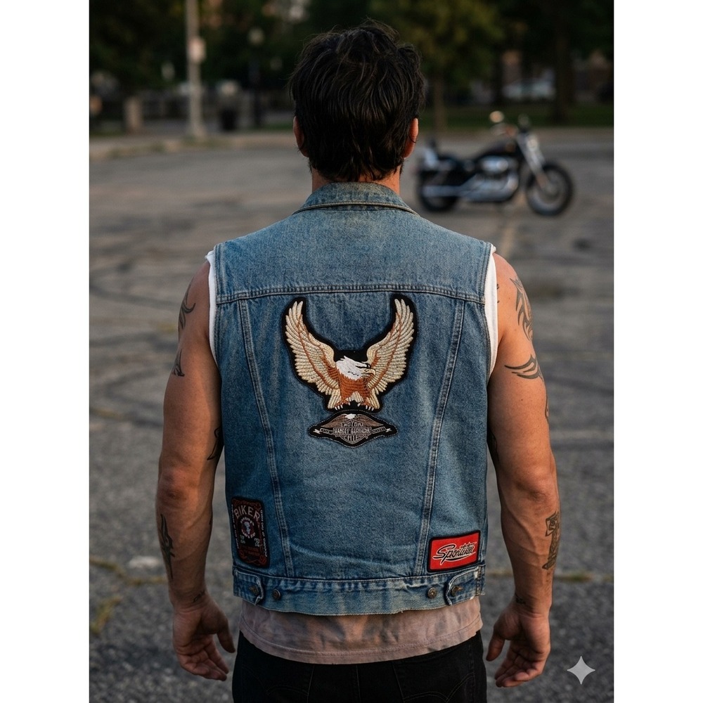 Denim Blues Harley Davidson Biker Patch Denim Vest Medium Wash Distressed Mens M